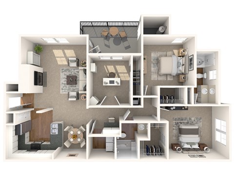 Floor plan for 3 beds, 2 baths, 1307 sqft